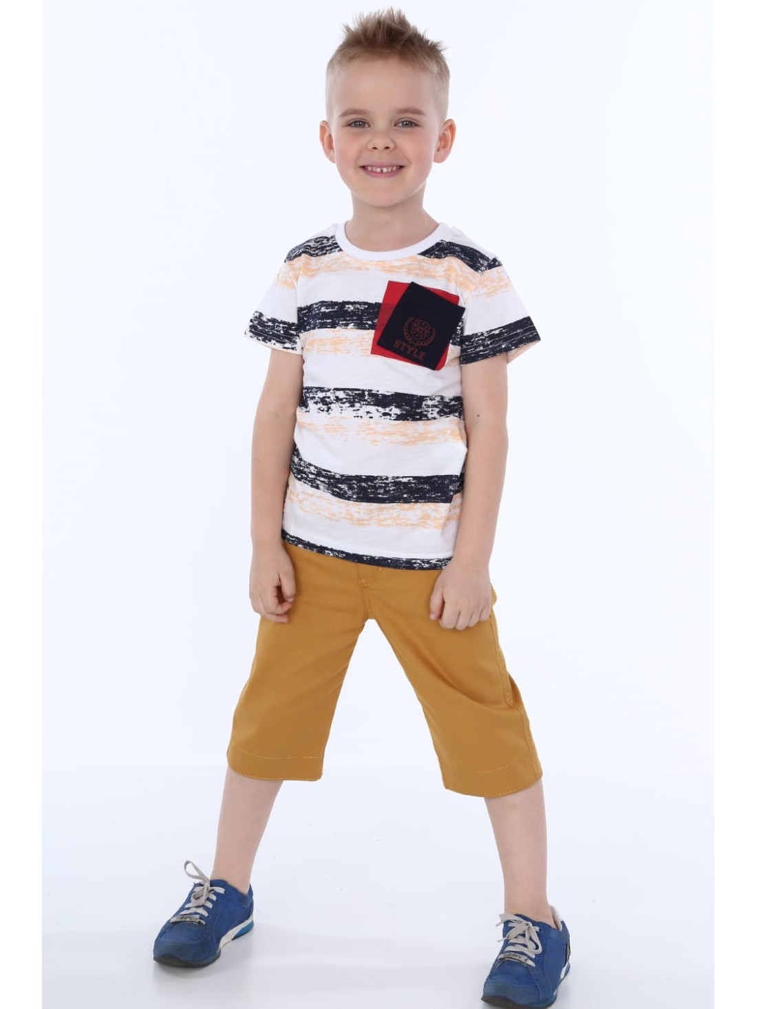 Boy\'s striped T-shirt with a pocket / navy blue NDZ4534 - Online store - Boutique